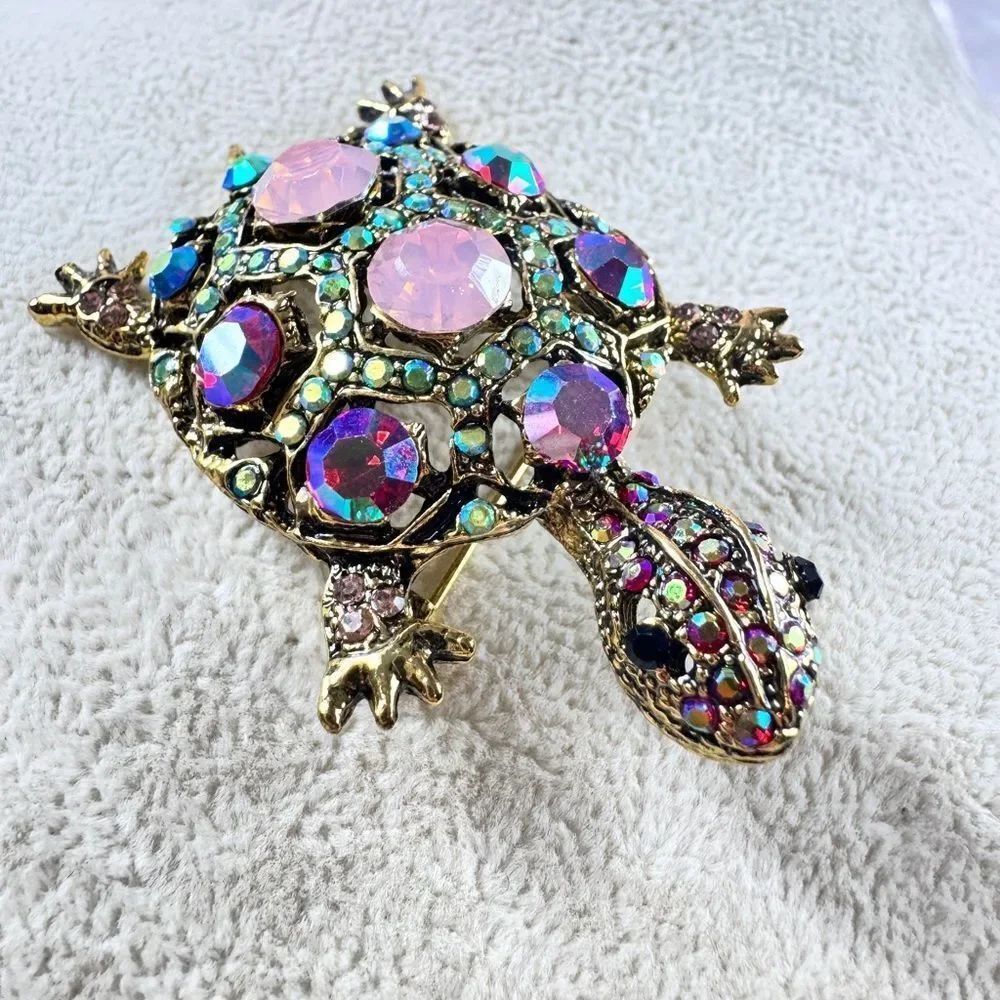 Vintage Colorful Crystals Turtle Brooch